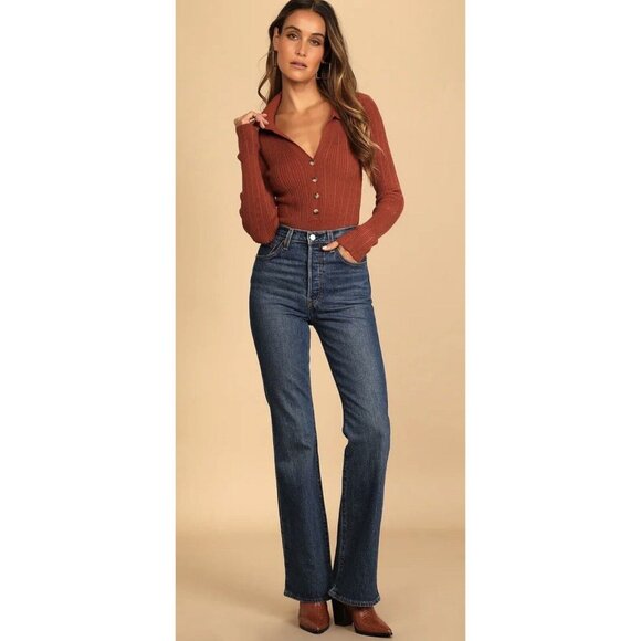 Lulu's Timeless Design Rust Brown Ribbed Button-Up Long Sleeve Bodysuit Size L - Picture 3 of 7